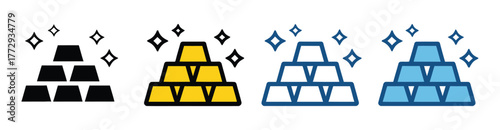 Gold bars icon. Bank bullion signs. Golden ingot symbol. Metal brick symbols. Stack of money icons. Black, yellow color. Vector isolated sign