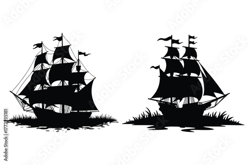 Two black silhouette sailing ships with flags on white background