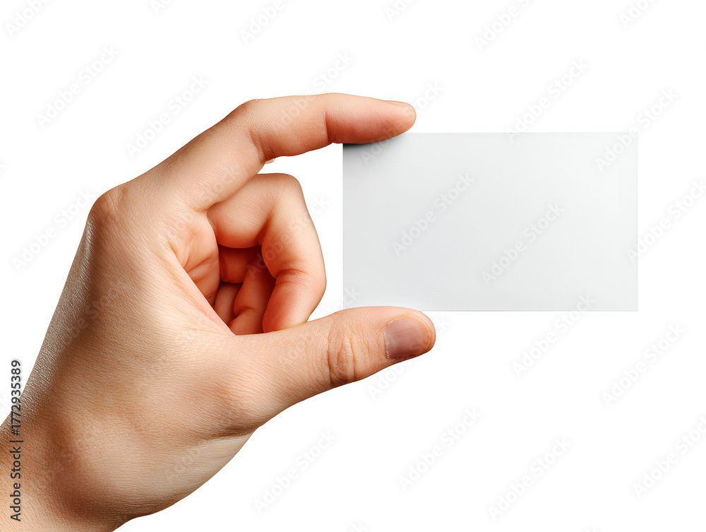 Obraz premium Hand holding blank white business card against a dark background for mockups