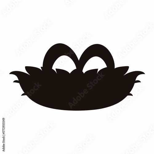 Stylized black silhouette of a bird nest with three eggs inside