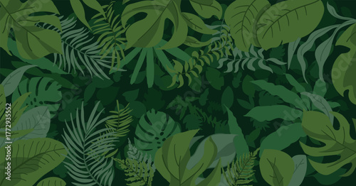Tropical jungle leaves background in minimalist green vector style