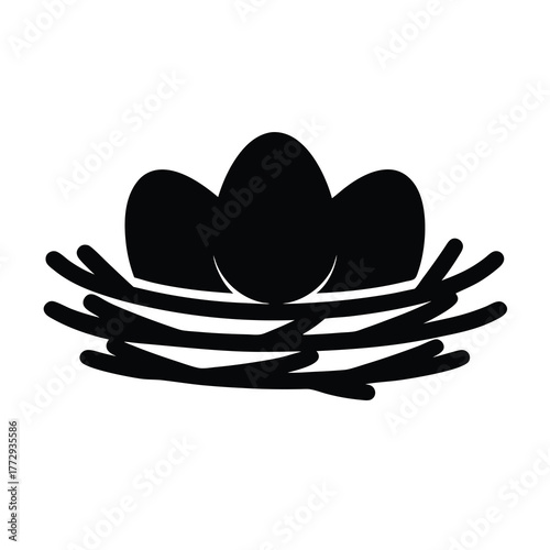Stylized black silhouette of a bird nest with three eggs inside