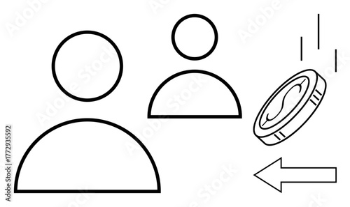 Two minimal figures, coin in motion, and arrow for direction suggest transfer, transaction, or exchange. Ideal for finance, collaboration, sharing, payment networking digital economy simple flat