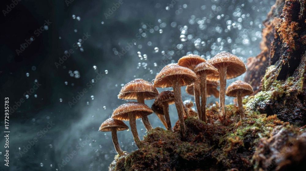 Fototapeta premium Close-up View of Magical Mushrooms in Misty Environment with Water Droplets on Caps and Lush Green Moss Surrounding Earthy Background