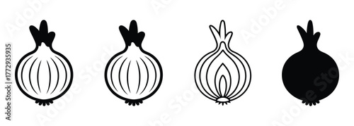 An onion icon features a teardrop shape outlined with white curved lines that showcase depth and highlight its distinct form against a white backdrop