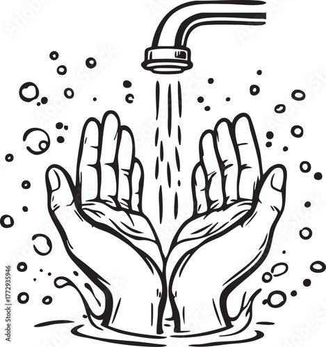 Handwashing under faucet black and white vector illustration promoting hygiene health safety and cleanliness awareness