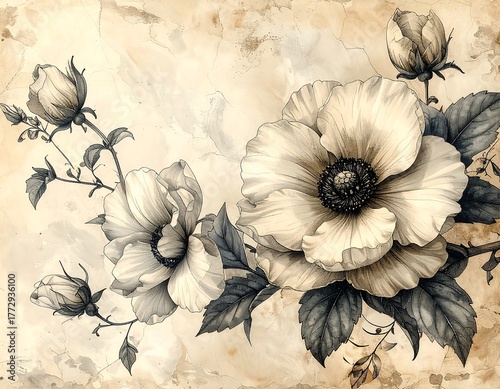 Close-up of botanical illustration featuring large, cream-colored flowers with dark details on aged paper