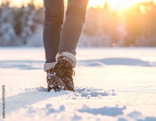 Close-up of person's legs and boots in winter landscape, sunlit, stepping on snow