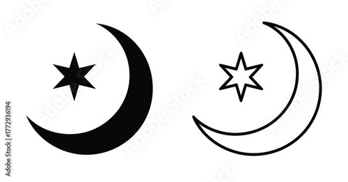 Moon crescent icon set. Half moon filled vector icon sign symbol. Half moon, crescent with star, night sky background. Vector Illustration