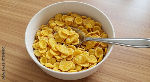 Close-up of bowl filled with golden flakes and a spoon resting in them, on a wood table