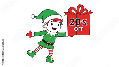 Holiday Elf with a Gift Box: A charming cartoon elf, brimming with festive cheer, joyfully presents a beautifully wrapped gift box with a special 20% off offer