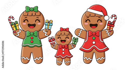 Gingerbread Family Festive: A delightful illustration of a gingerbread family, all smiles and holding gifts. Perfect for Christmas celebrations!