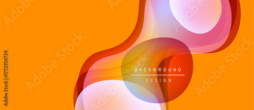 Abstract fluid shapes overlap, creating vibrant orange, pink, purple gradients. Text reads background design within central form. Modern aesthetic.