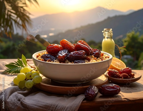 Close-up of bowl with dates, fruit, and almonds on a wooden table, mountains in background