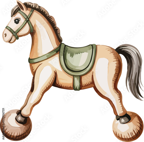 Vintage Toy Horse on Wheels Watercolor Illustration for Nursery