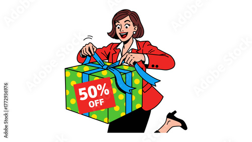 Discount Gift: A woman in a red jacket enthusiastically unveils a vibrantly wrapped gift box adorned with a prominent 50% OFF label, evoking excitement and the allure of savings. 
