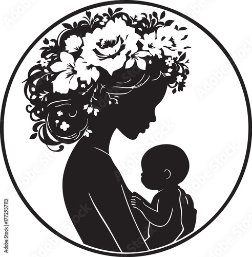 Mother holding baby with floral hair black and white vector illustration symbolizing love care and maternal bond