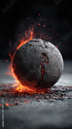 Wallpaper Mural A dark sphere engulfed in flames rests on a gray surface against a smoky background Torontodigital.ca