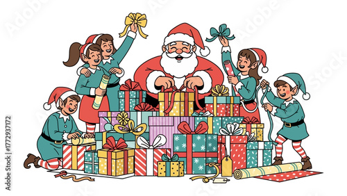 Christmas Eve Gift Workshop: In a festive scene, Santa Claus and his dedicated elves are busily preparing an array of beautifully wrapped presents, embodying the spirit of Christmas.