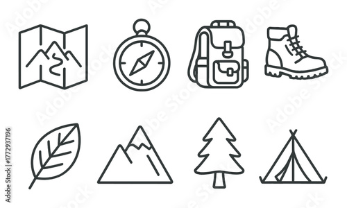 Outdoor adventure icons: map, compass, backpack, boots, leaf, mountains, tree, tent