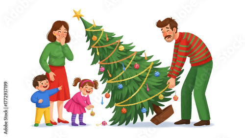 Holiday Tree Moment: A family is gathering and decorating a Christmas tree with love. A symbol of warmth and together. Capture the core of holiday spirit.