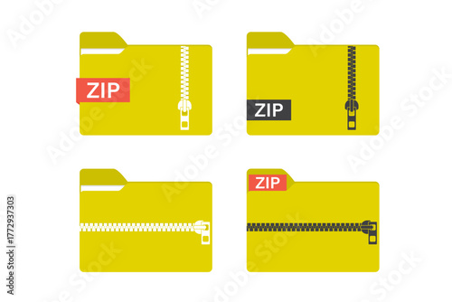 Set of yellow folder with zipper. Zip archive. Data storage. Database pictogram isolated on white background. Icon of zip folder, collection.