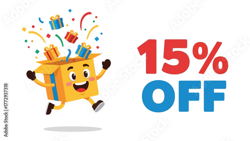 Gift Box Sale: A cheerful gift box, bursting with presents and confetti, joyfully heralds a special 15% discount offer. This image captures the essence of celebration and exciting opportunities.