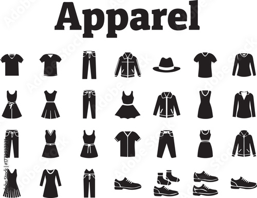 Modern Apparel Clothing Icons Set in Flat Black Silhouette