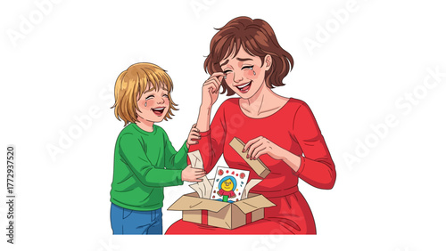 Joyful Reunion: A tender scene unfolds as a mother and child share a moment of connection. A young child hands a special gift to his mother. Full of warmth and love.