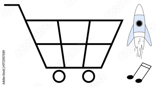 Minimalist shopping cart, rocket launching, and musical notes symbolize technology, innovation, commerce, creativity, music trends, and futuristic ideas. Ideal for e-commerce startups innovation