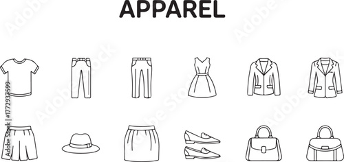 Outline Vector Icons of Apparel Clothing and Fashion Accessories Set