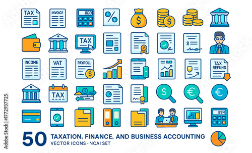 Taxation, Finance and Business Accounting Icons – Banking, Payroll and Money Management Illustration