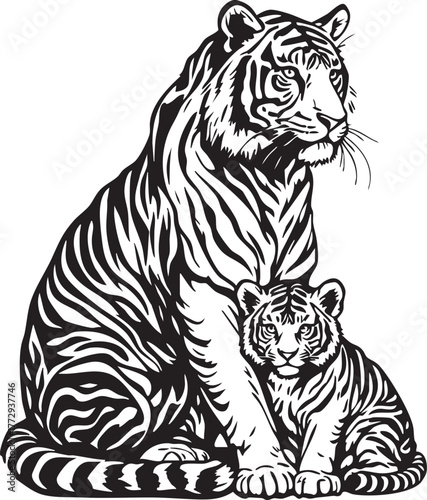 Protective adult tiger with cub black and white vector illustration symbolizing family bond strength and wild nature