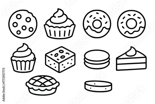 Black and white line art of assorted baked goods and desserts on dark background