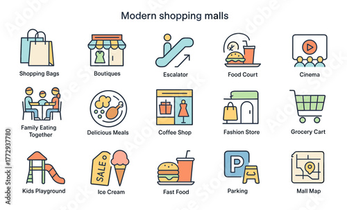 Modern Shopping Mall Icons – Retail, Food Court and Family Leisure Vector Illustration