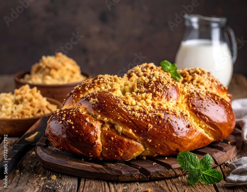 Close-up of braided bread loaf with crumb topping, milk jug, and mint sprig