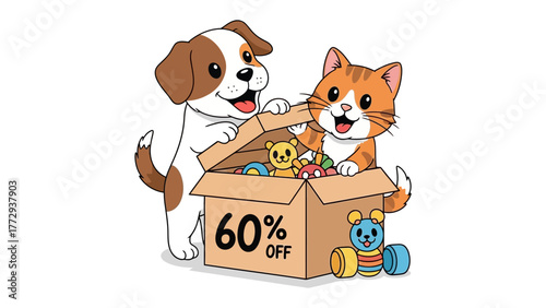 Playful Pup and Kitten: A charming cartoon showcases a puppy and kitten, gleefully unveiling a treasure trove of toys, highlighted by a prominent 60% OFF promotion, embodying the fun of deals