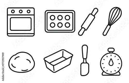 Baking tools outline: oven, rolling pin, whisk, dough, timer