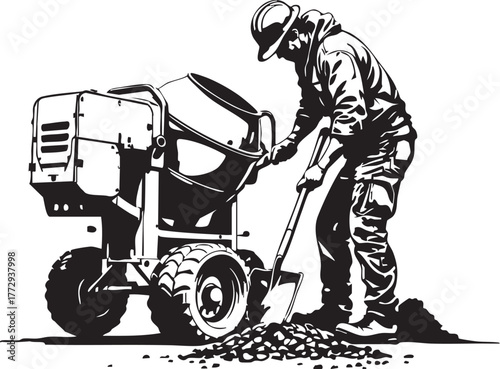 Construction worker operating cement mixer black and white vector illustration of labor machinery and industrial work