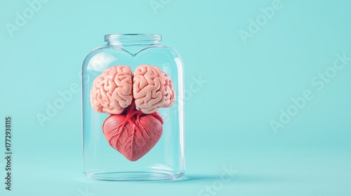 A surreal image featuring a heart and brain encased in a glass jar against a pastel blue background, symbolizing the connection between emotions and intellect.