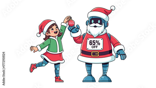 Christmas AI Collaboration: A young girl and a Santa-bot collaborate to decorate an ornament together, symbolizing the fusion of holiday cheer and technological innovation, during Christmas time.