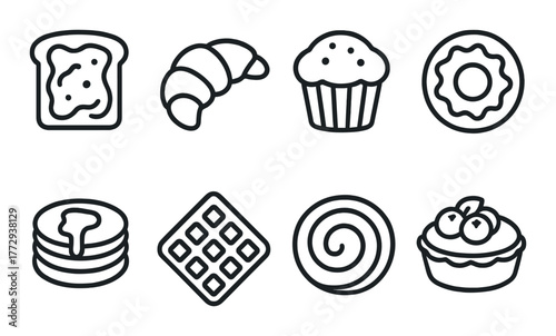 Black and gray bakery icons set featuring bread croissant muffin donut pancakes waffle swirl tart