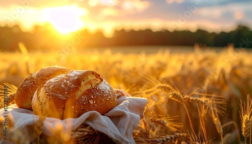 Close-up of bread rolls in a basket, amidst wheat field, during golden hour