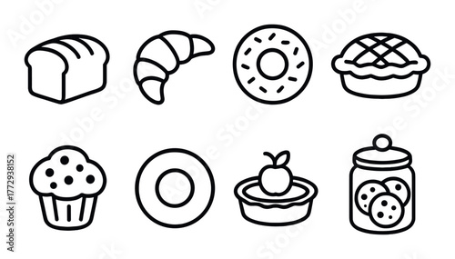 Assorted bakery icons: bread, pastry, donut, pie, muffin, bagel, tart, cookies