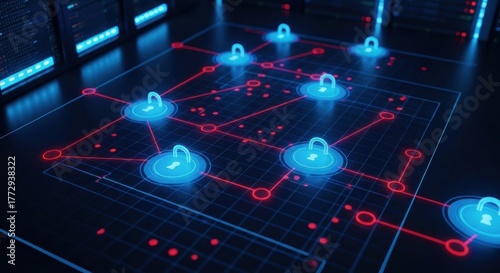Digital grid with glowing locks and red connections, server racks
