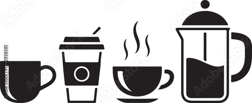 Coffee Mugs and French Press Silhouette Set Vector Illustration for Cafe or Restaurant