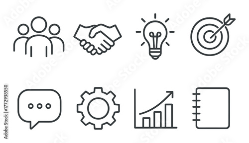 Business and innovation icons: teamwork, ideas, goals, growth, and planning