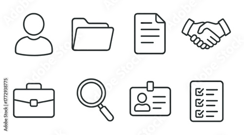 Business icons set: profile, folder, document, handshake, briefcase, magnifying glass, id, checklist