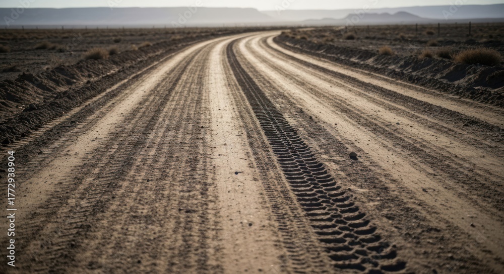 Naklejka premium Dusty, rutted dirt road curves through vast, dry, barren landscape