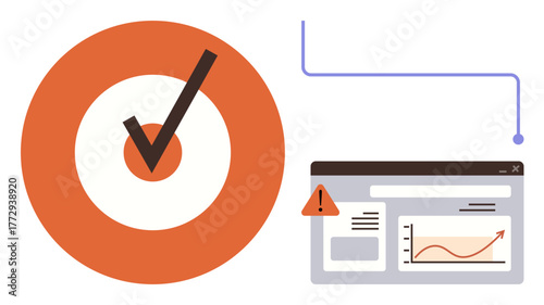 Orange target with checkmark and warning alert on a web analytics dashboard. Ideal for productivity, goal tracking, error detection, data analysis, quality control, success metrics, business